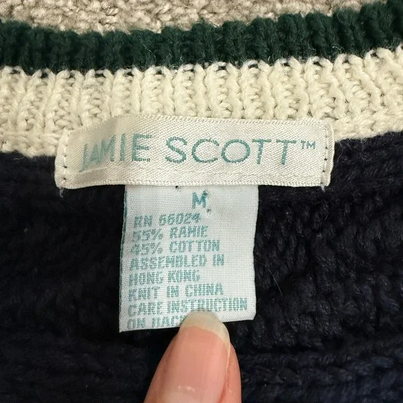 Jamie Scott Green Cable Knit V Neck Tennis Sweater Navy Cream Preppy Medium - Picture 5 of 8
